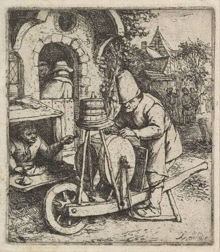 Kitchen knife Sharpeners information:
17th Century picture. Man sharpening knives.